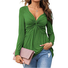 Womens V-neck Front-tie Blouse With Long Sleeves And A Pullover Design