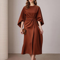 Fashionable Casual Everyday Commuter Solid-color Crew-neck Lace-up Dress