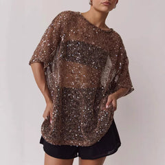 Women's Loose Sheer Mesh Sequin Blouse