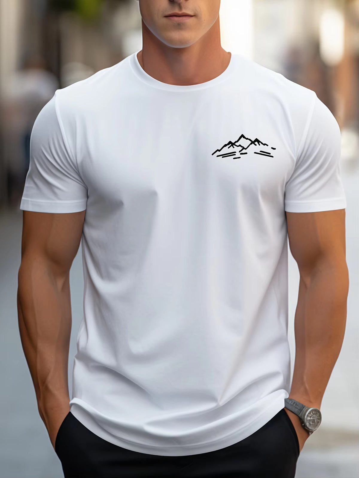 Cotton Relaxed Fit Mountain Pattern Printed Crew Neck Short Sleeve T Shirt For Sports