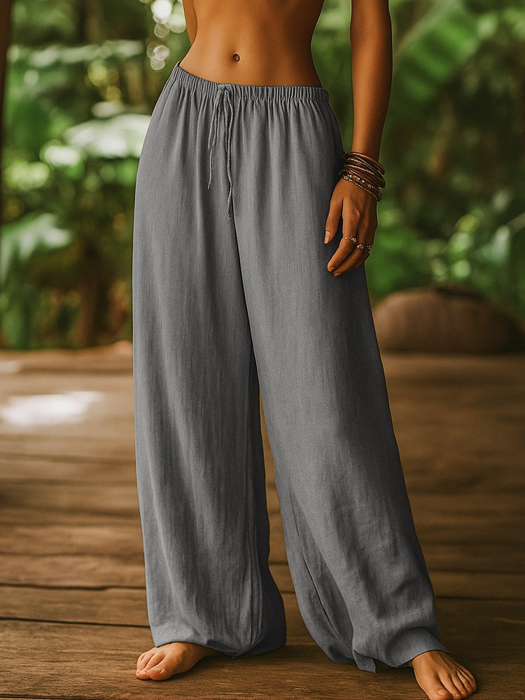 Women's Cotton And Linen Loose Pure Color Elastic Waist Pocket Straight Casual Pants
