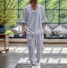Solid Color V-Neck Pullover Short-Sleeve Drawstring Pocket Design Ankle-Tightening Pants Set