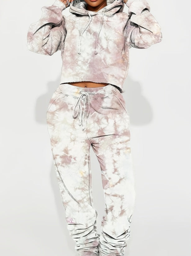 Tie-dye Casual Hooded Cropped Sweatshirt Set