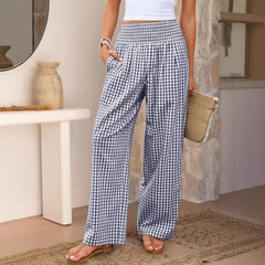 Plaid Casual Trousers Loose-fit Womens Fashion Wide-leg Pants With Pockets
