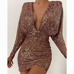 V-neck Batwing-sleeve Sequin Bodycon Dress
