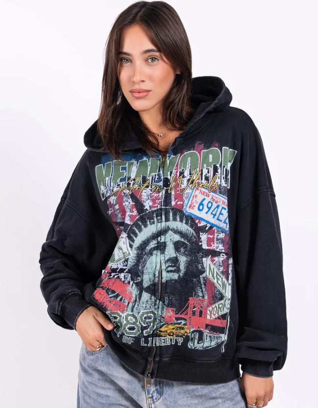 High-street Vintage Washed-and-distressed Print Hoodie With A Zip-up Hood