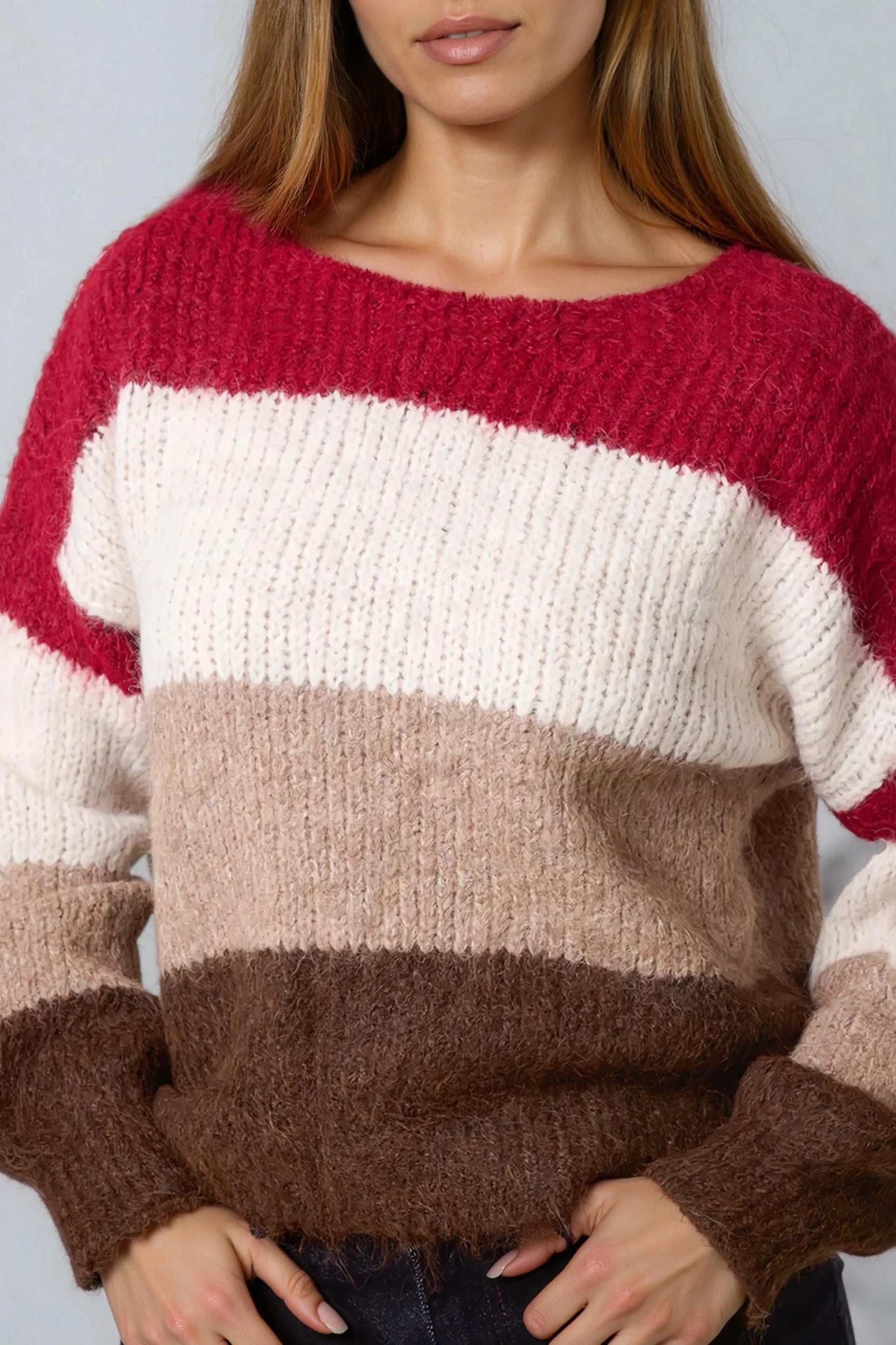 Wine Wool Blend Colour Block Knitted Jumper