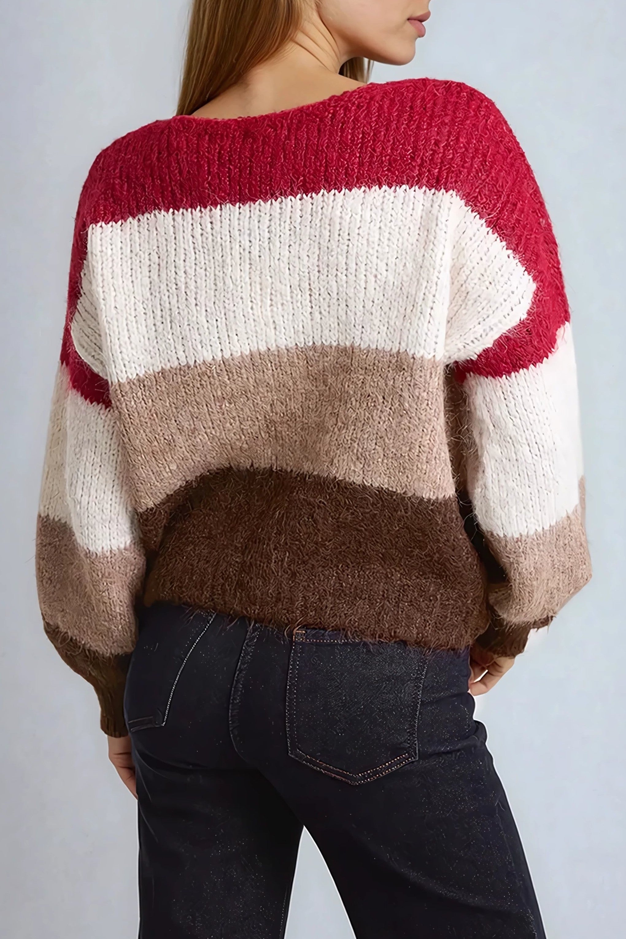 Wine Wool Blend Colour Block Knitted Jumper