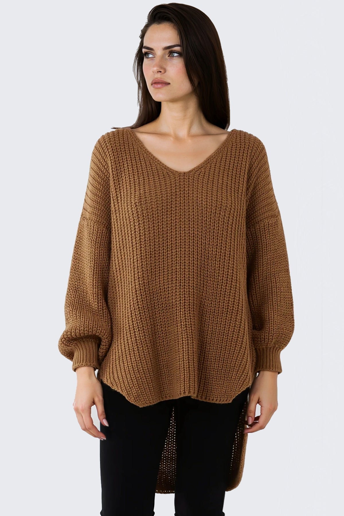 Brown Oversized V-Neck Chunky Knit Jumper