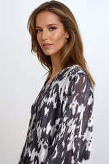 Black Animal Print V Neck Blouse
