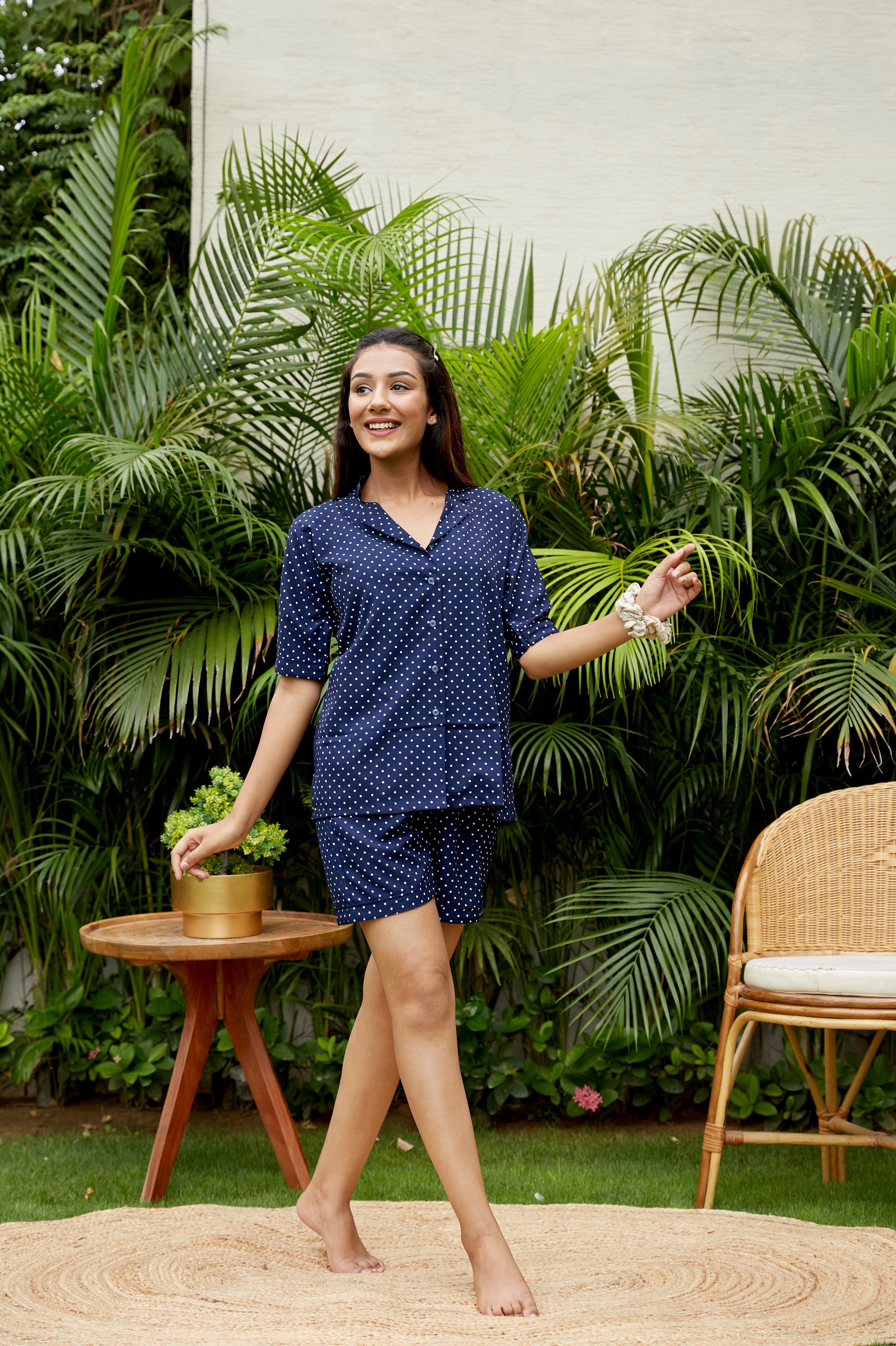 Blue Polka Crepe Night Suit