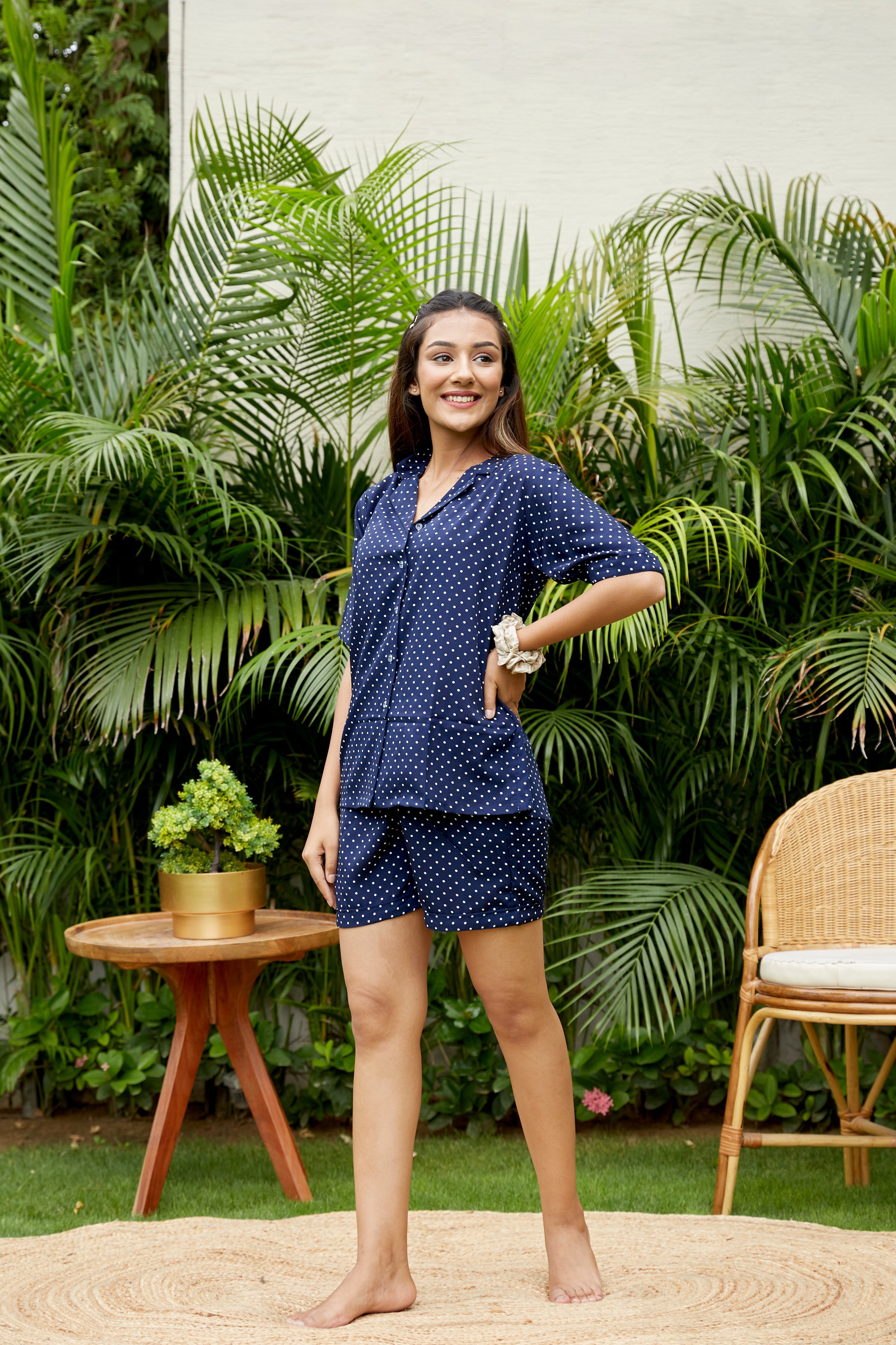 Blue Polka Crepe Night Suit