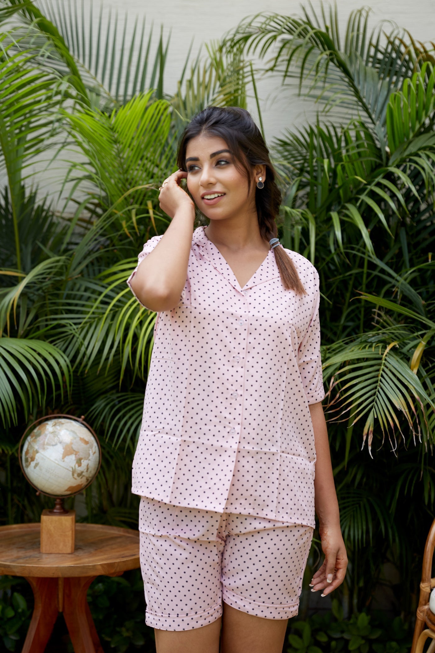 Pink Polka Night Suit With Shorts