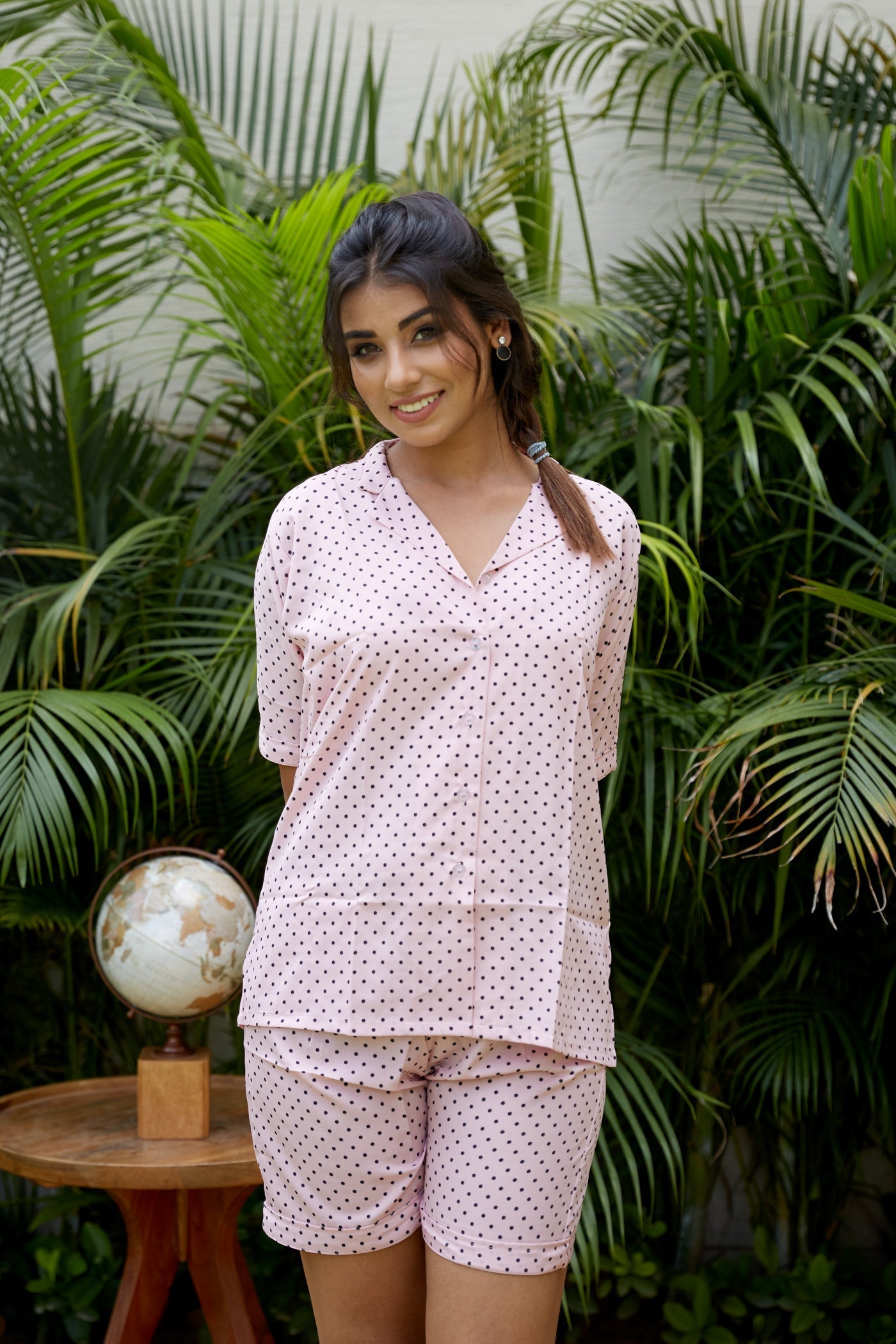 Pink Polka Night Suit With Shorts