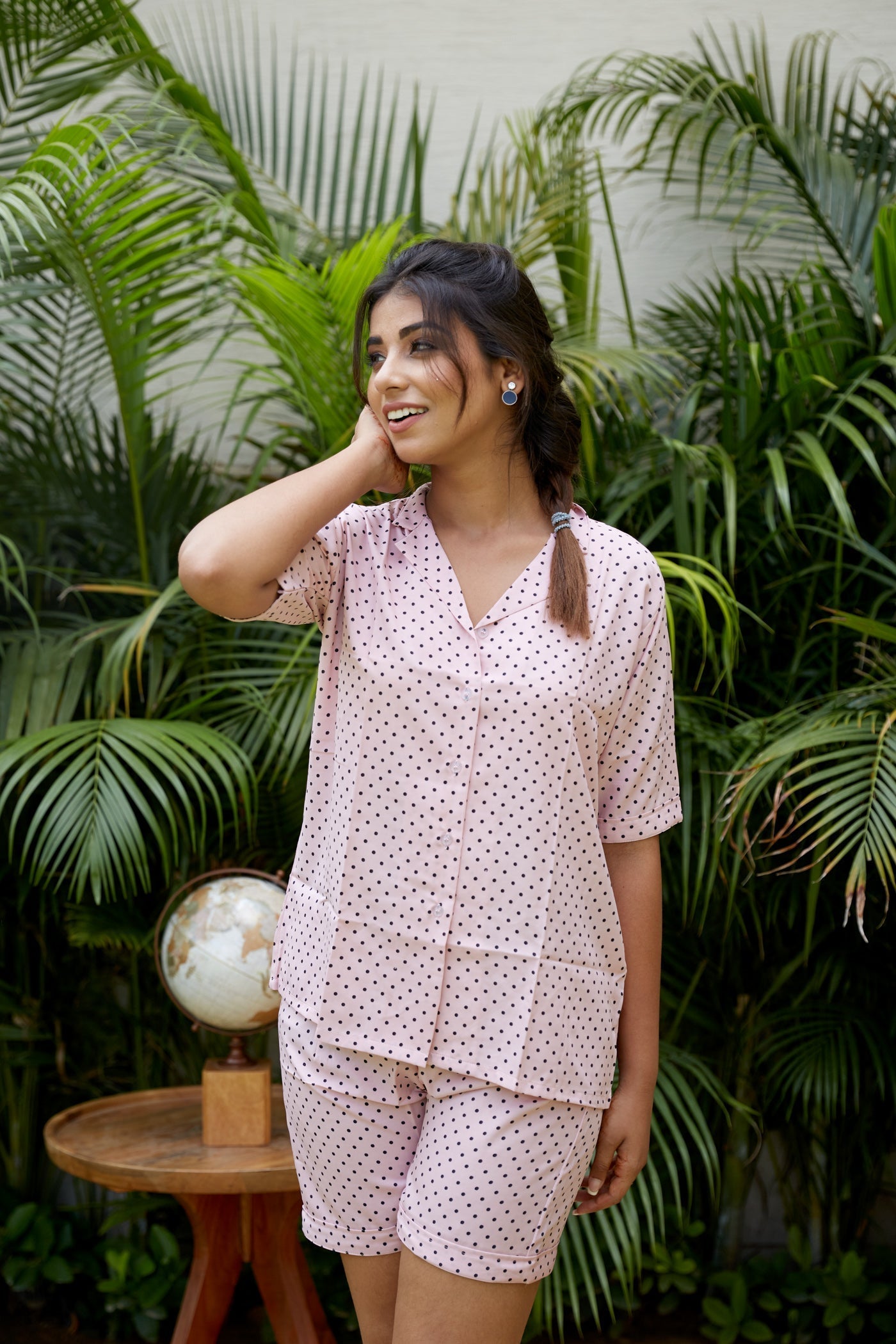 Pink Polka Night Suit With Shorts