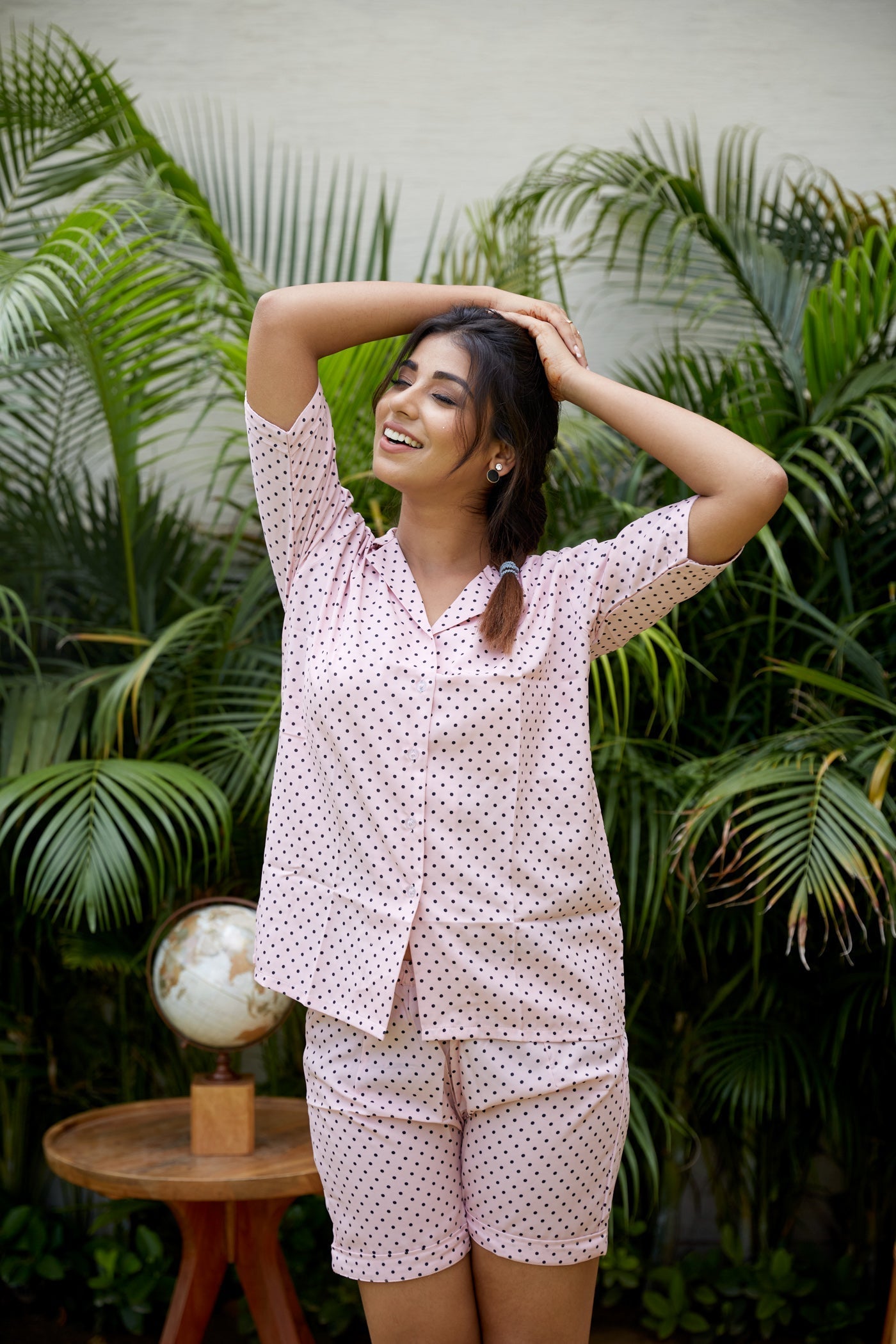 Pink Polka Night Suit With Shorts