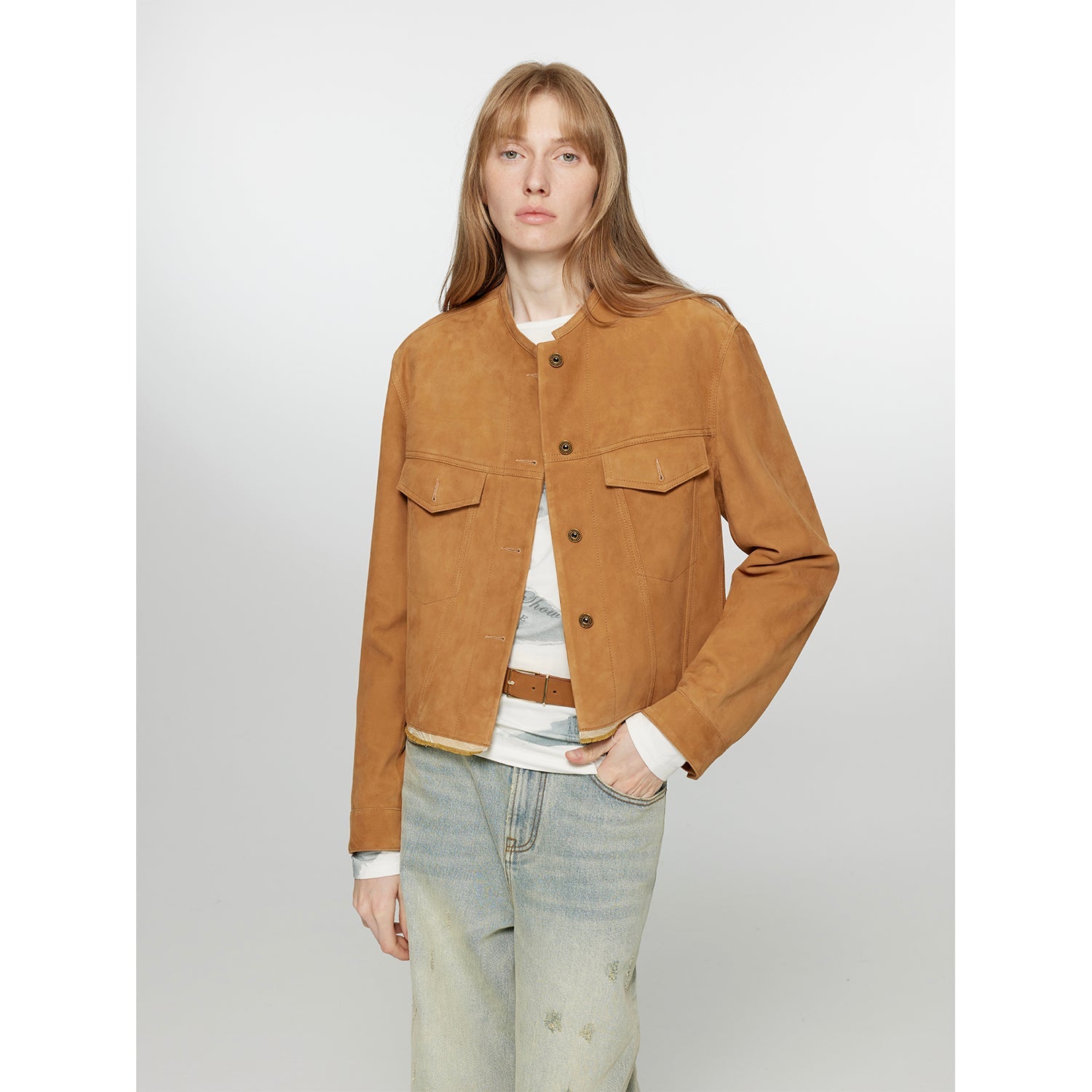 Retro Suede Sheep Leather Short Jacket with Structured Shoulders and Round Neck, Genuine Leather Outerwear "Sunset Escape"