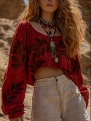 Women's Bohemian Retro Round Neck Long Sleeve Loose Short Top