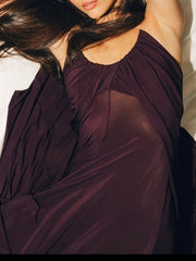 Deep Wine Red Halter Draped Ball Gown Maxi Dress