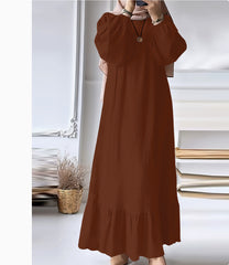 Fashion Solid Color Round Neck Ruffled Long Sleeve Dress