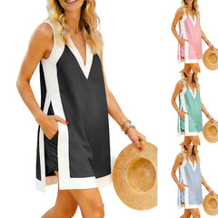 New Summer Casual Color-block V-neck Sleeveless Top And Shorts Set