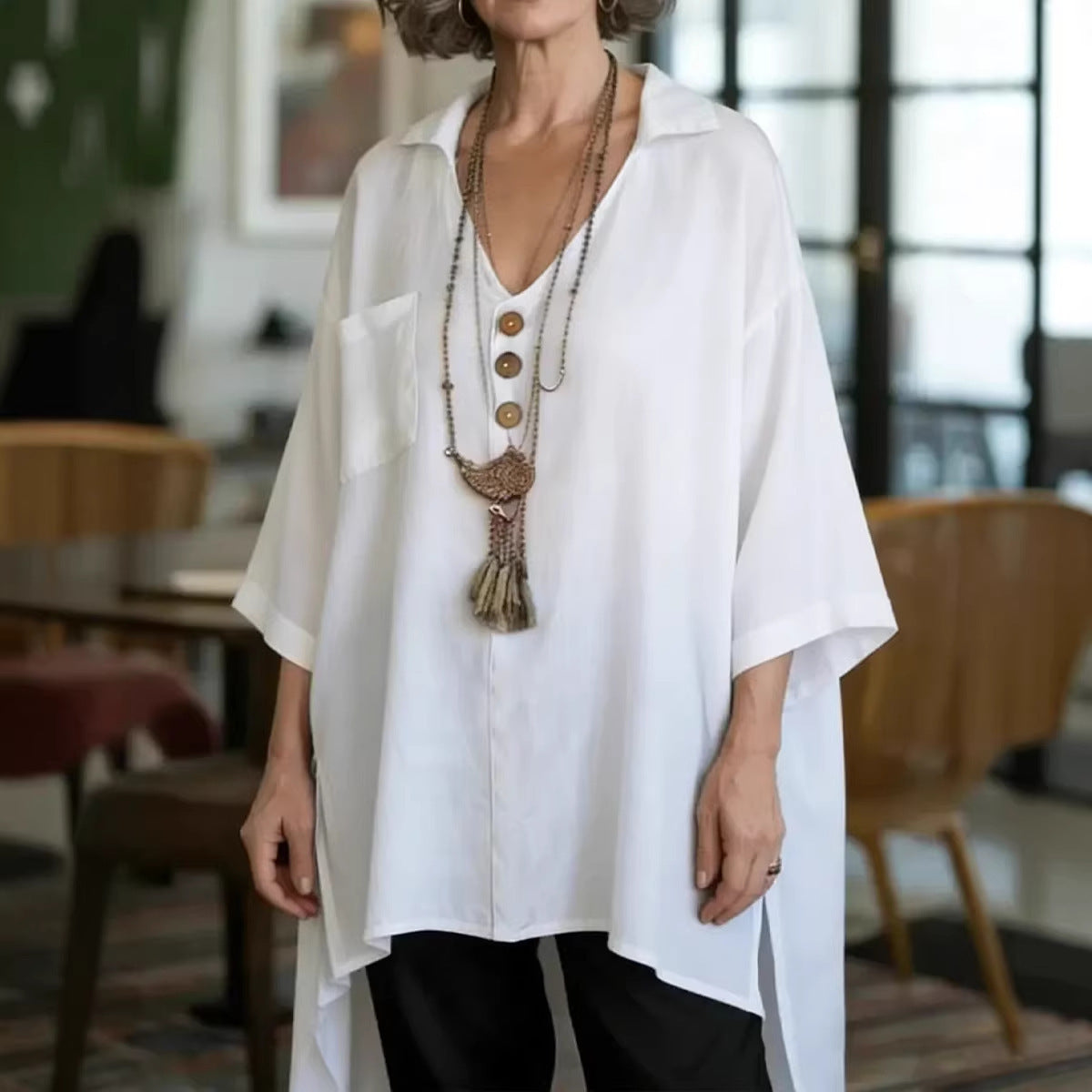 Loose-fit Cotton-linen Top With Buttons For Women