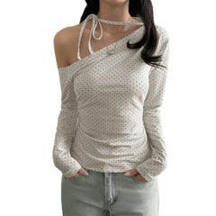 Versatile Cat-Print Lace-Up Long-Sleeve T-Shirt For Women