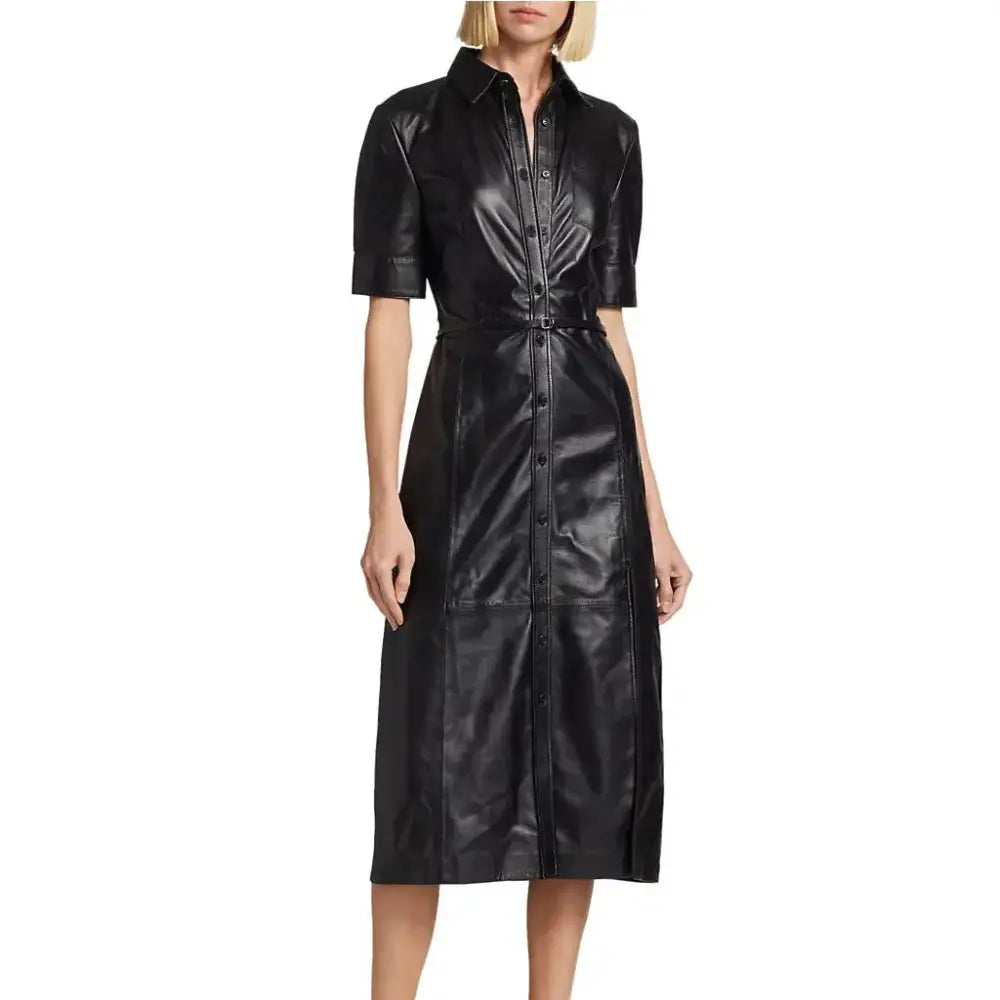 Women’s Black Leather Button-Down Dress