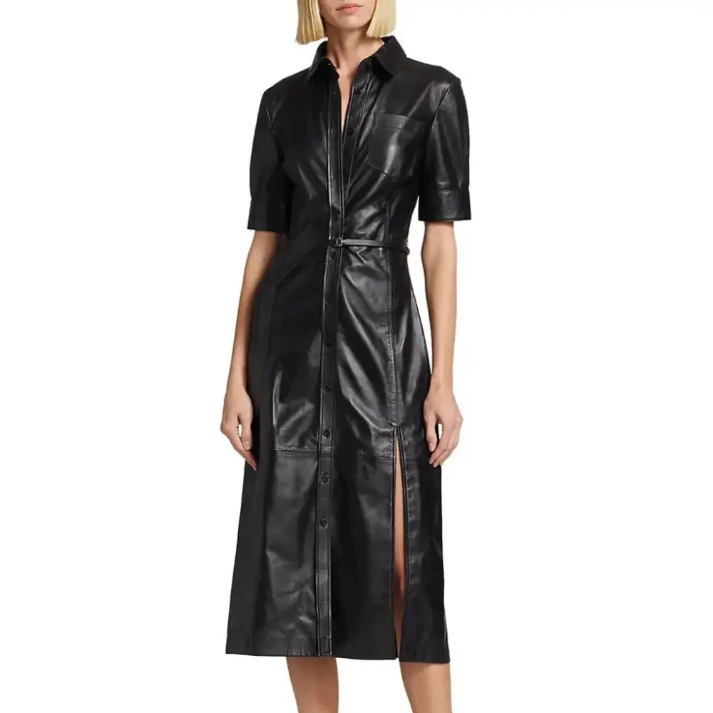 Women’s Black Leather Button-Down Dress