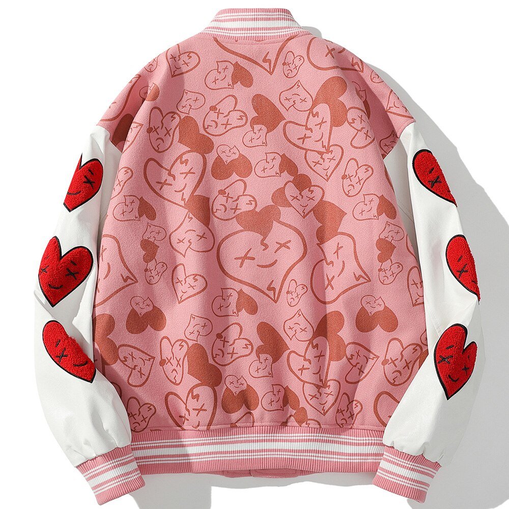 Bomber Jackets Men Furry Heart-shaped Patch Leather Patchwork Baseball Coats Vintage Varsity Fashion Streetwear Couple