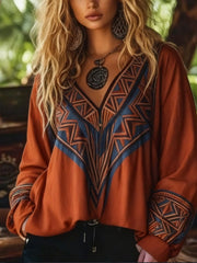 Ethnic Style Embroidered V-neck Loose Long-sleeve Shirt