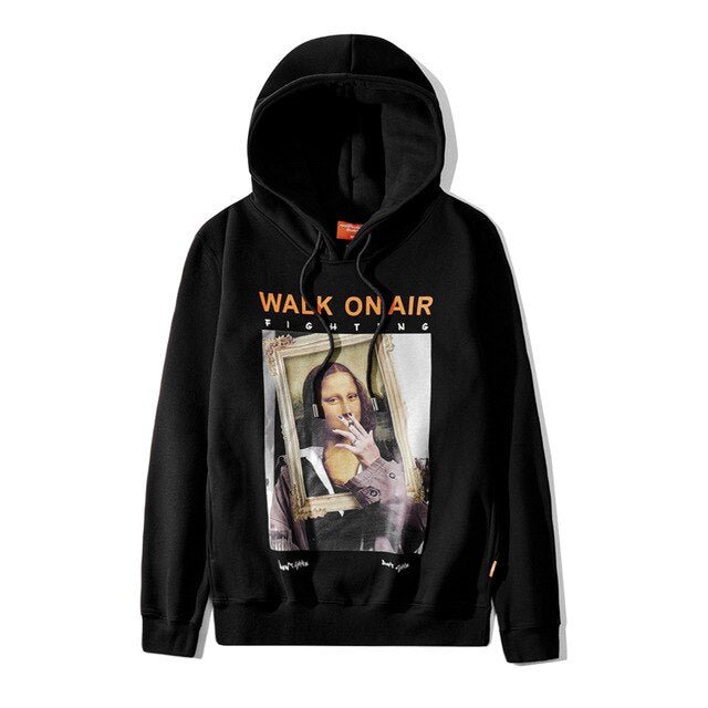 Casual Funny Mona Lisa Smoking Print Yellow Hoodies Tops Hip Hop Sweatshirts Pullover Hooded Streetwear Fleece Hoodie