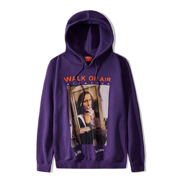 Casual Funny Mona Lisa Smoking Print Yellow Hoodies Tops Hip Hop Sweatshirts Pullover Hooded Streetwear Fleece Hoodie