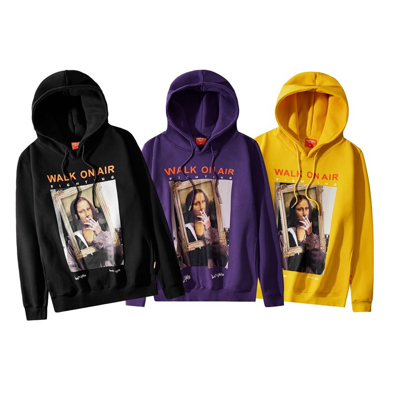 Casual Funny Mona Lisa Smoking Print Yellow Hoodies Tops Hip Hop Sweatshirts Pullover Hooded Streetwear Fleece Hoodie