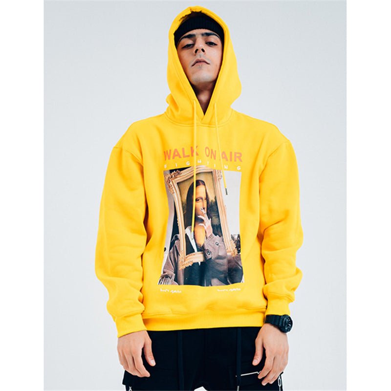 Casual Funny Mona Lisa Smoking Print Yellow Hoodies Tops Hip Hop Sweatshirts Pullover Hooded Streetwear Fleece Hoodie