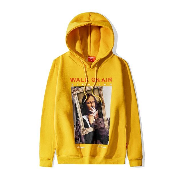 Casual Funny Mona Lisa Smoking Print Yellow Hoodies Tops Hip Hop Sweatshirts Pullover Hooded Streetwear Fleece Hoodie