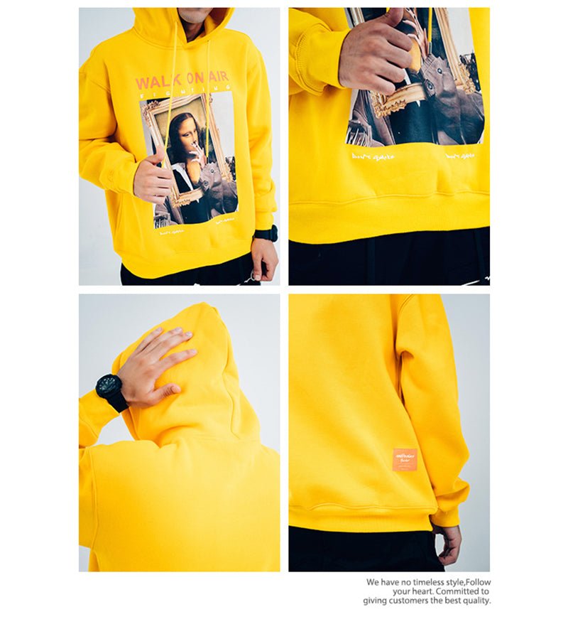 Casual Funny Mona Lisa Smoking Print Yellow Hoodies Tops Hip Hop Sweatshirts Pullover Hooded Streetwear Fleece Hoodie