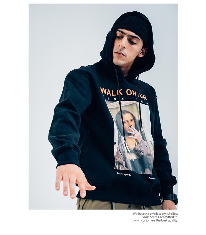 Casual Funny Mona Lisa Smoking Print Yellow Hoodies Tops Hip Hop Sweatshirts Pullover Hooded Streetwear Fleece Hoodie