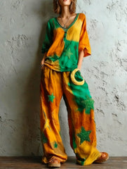 Bohemian-style Loose Top With Star And Moon Print - Wide-leg Pants Two-piece Set