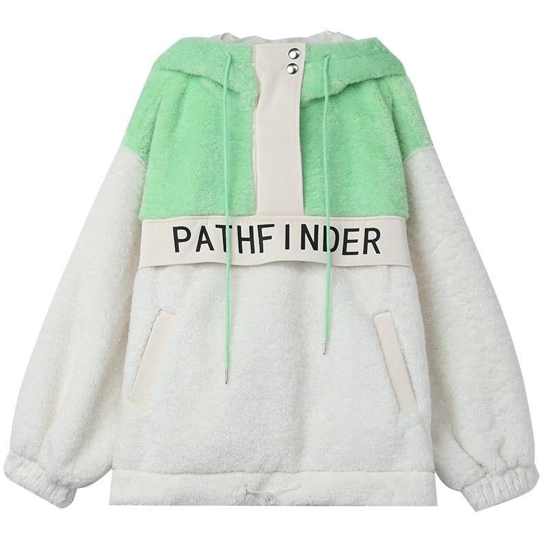 Colorblock Letter Print Korean Casual Padded Coat Women,Spring Vintage Zipper Female Daily Warm Teddy Outwear