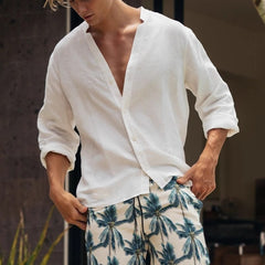 Mens Solid-color Casual Button-up Shirt Breathable
