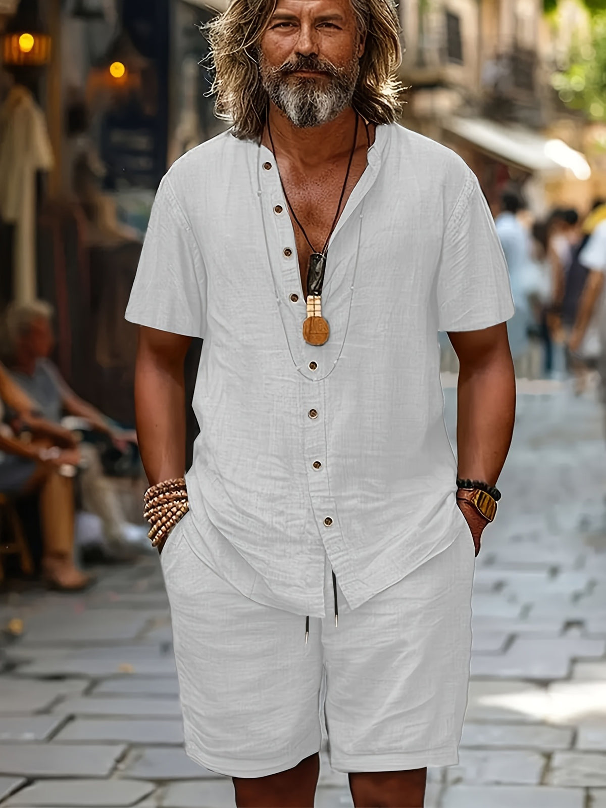 Cotton-linen Short-sleeve Shirt And Loose-fitting Shorts Two-piece Set