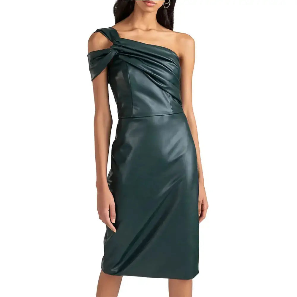 Women's Forest Green Leather Cocktail Dress