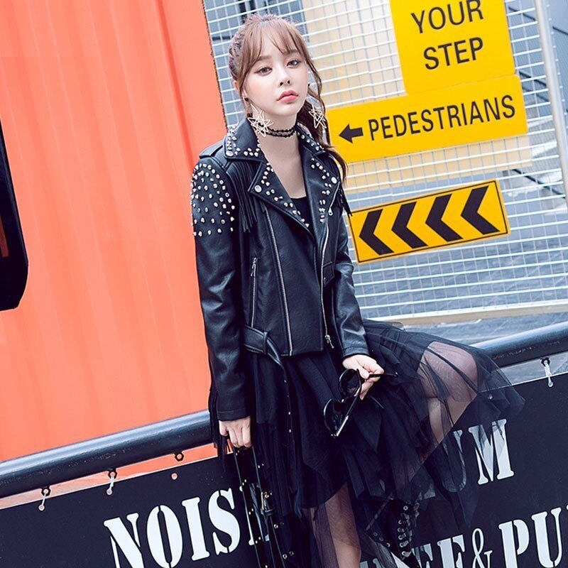 Fringed Rivet Punk Leather Jacket Women  PU Leather Jacket Locomotive Short Coat motorcycle Outerwear Ladies Coats