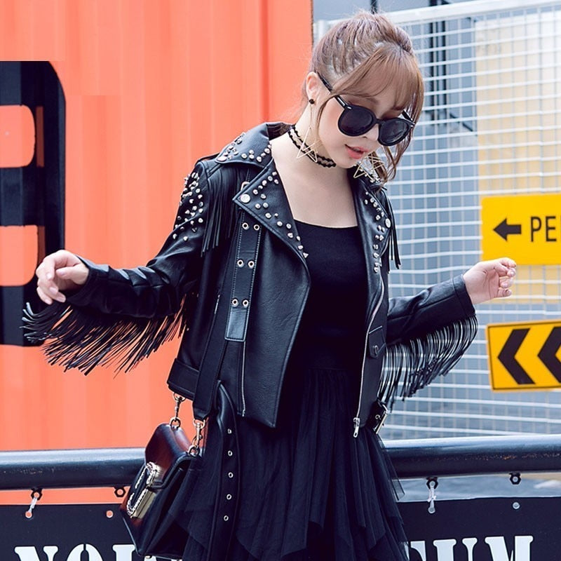 Fringed Rivet Punk Leather Jacket Women  PU Leather Jacket Locomotive Short Coat motorcycle Outerwear Ladies Coats
