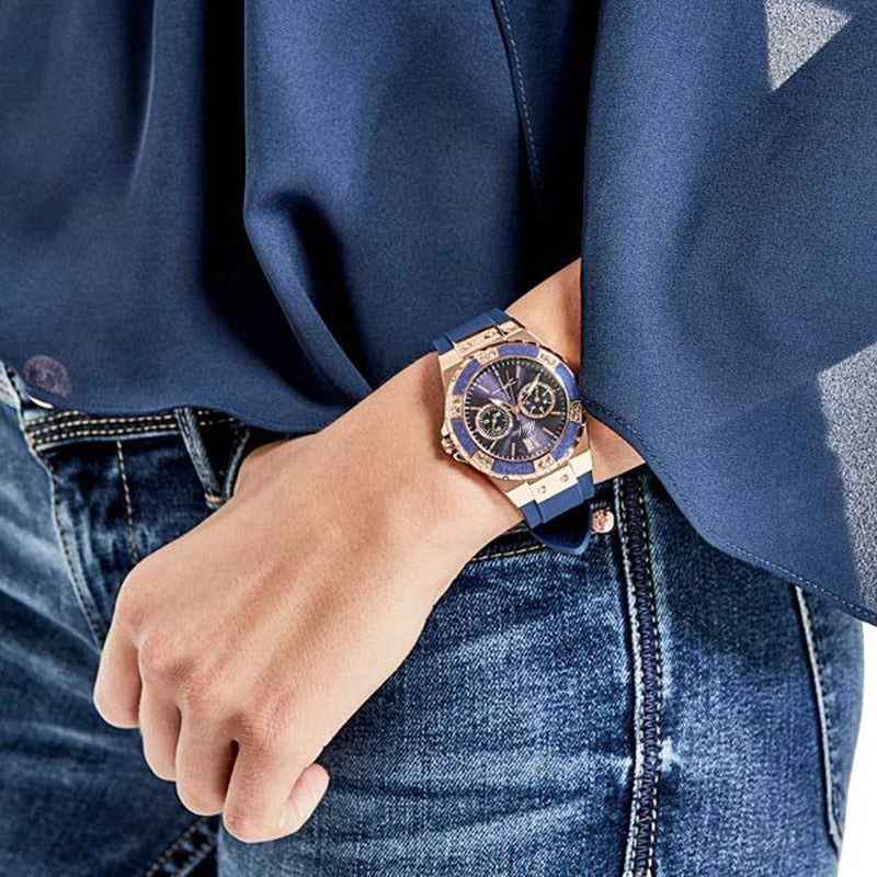 Women's Watches Chronograph Rose Gold Sport Watch Ladies Diamond Blue Rubber Band Xfcs Analog Female Quartz Wristwatch