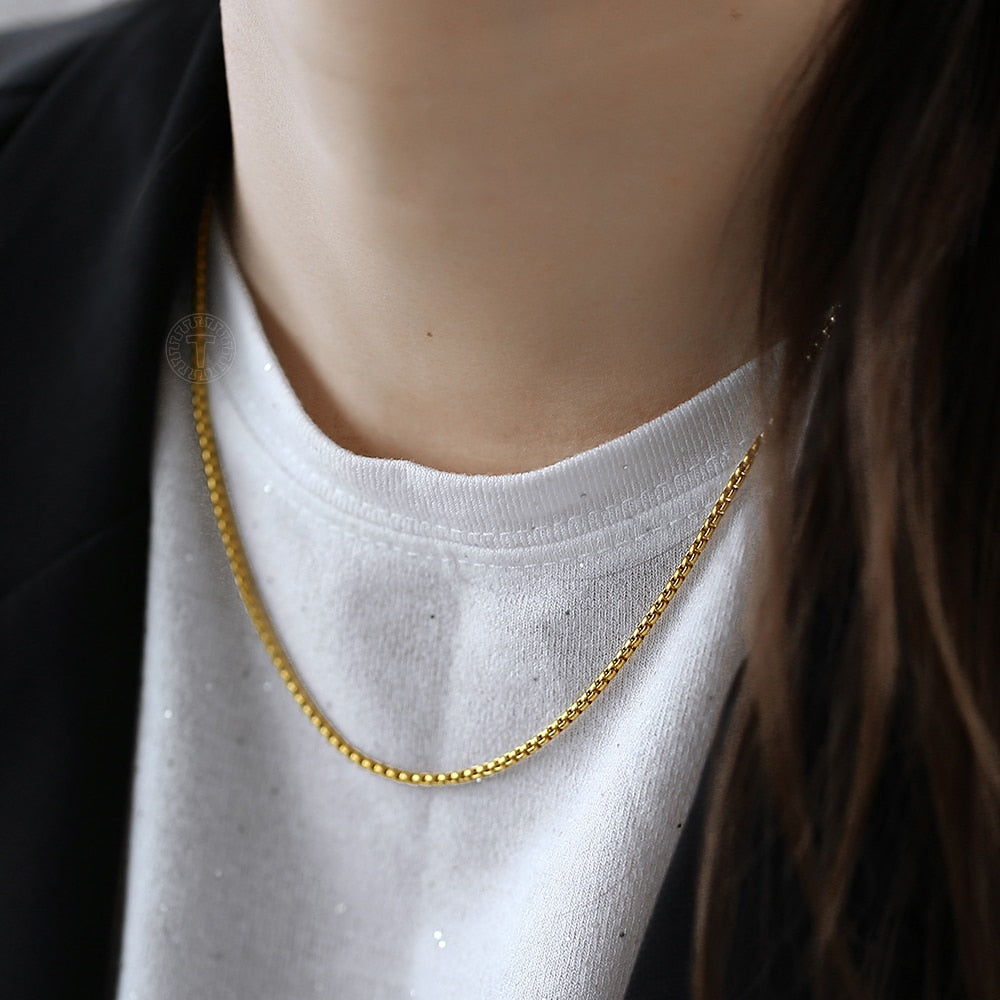Width 2mm Round Box Chain Necklaces For Women Men Gold Stainless Steel Necklace Never Fade Wholesale Jewelry