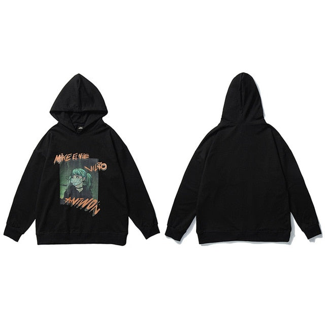 Hip Hop Hoodie Sweatshirt Men Harajuku Japanese Anime Hoodie Streetwear Cartoon Girl Green Hair Hooded Pullover Autumn