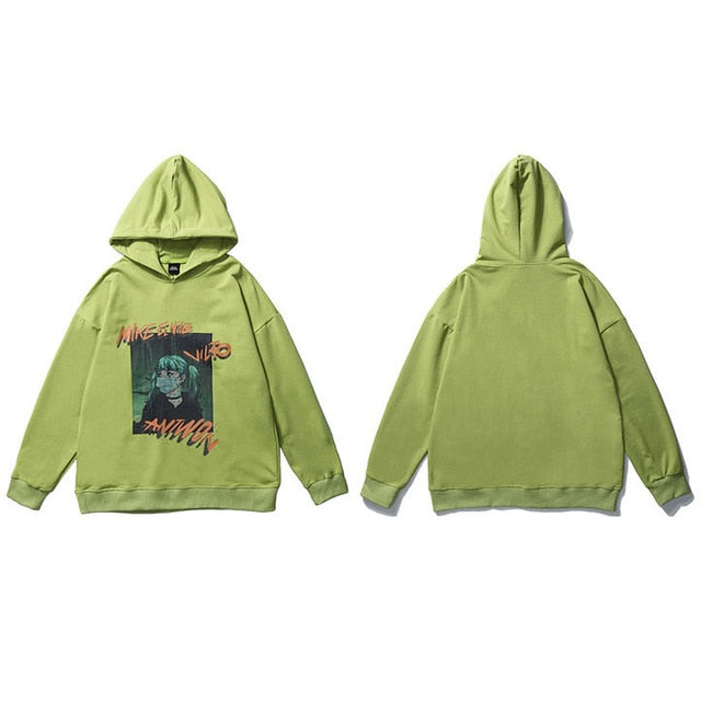 Hip Hop Hoodie Sweatshirt Men Harajuku Japanese Anime Hoodie Streetwear Cartoon Girl Green Hair Hooded Pullover Autumn