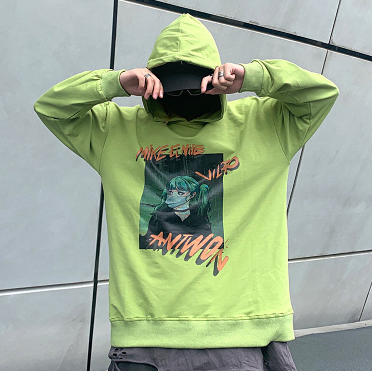 Hip Hop Hoodie Sweatshirt Men Harajuku Japanese Anime Hoodie Streetwear Cartoon Girl Green Hair Hooded Pullover Autumn